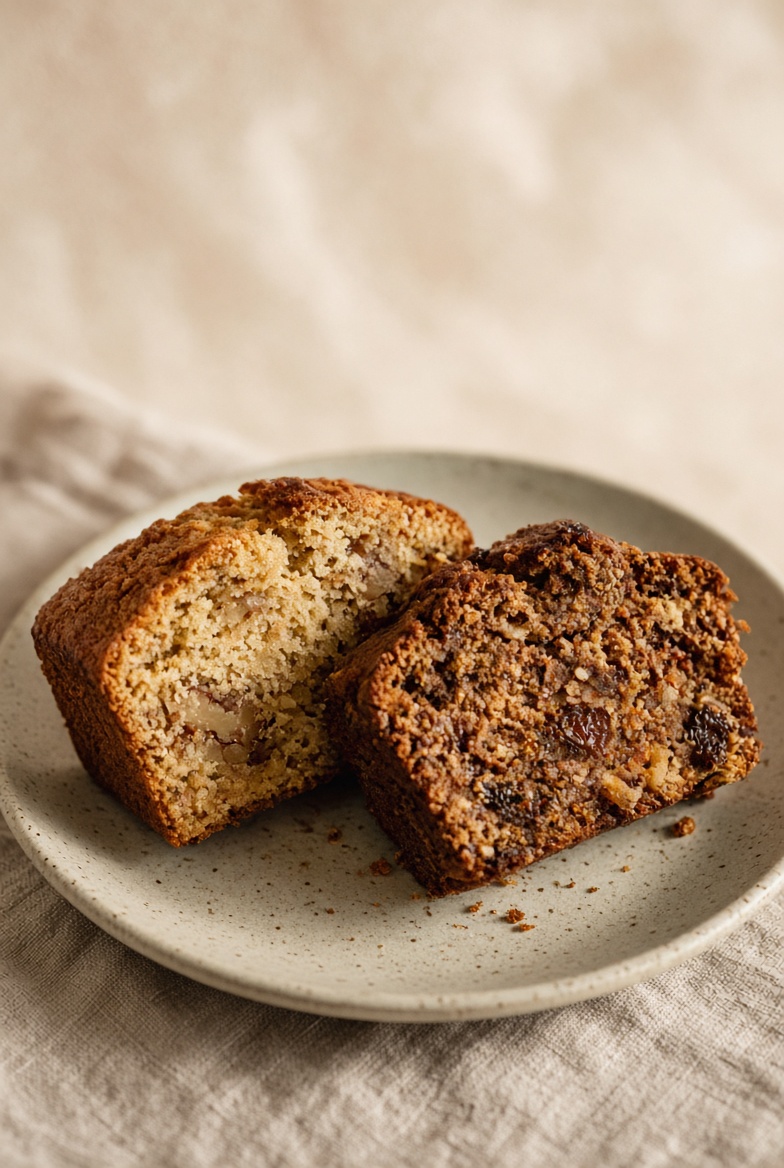 Slices of banana loaf and fruit loaf on a stoneware plate